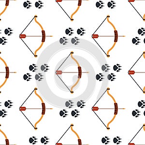 Bow and arrow footprints background hunting weapons seamless pattern design hunter forest wild vector illustration