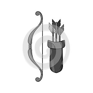 Bow and arrow icon, black monochrome style