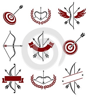 Bow arrow labels and elements set. Vector