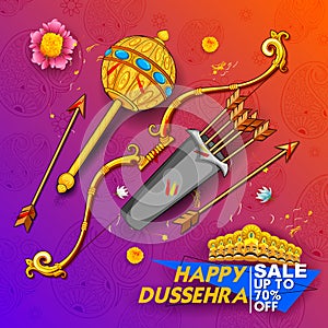 Bow and arrow of Lord Rama and ten headed Ravana for Happy Dussehra Navratri sale promotion festival of India