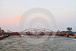 Bow and Arrow Shaped Shiv Dhanush Arch Pedestrian Bridge over Holy River Ganges - Ganga Har ki Pauri, Haridwar, Uttarakhand, India