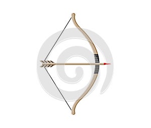 Bow with arrow. Weapon of archery. Wooden longbow with arrows for indian archer. Cartoon bow for medieval hunter. Icon or logo for