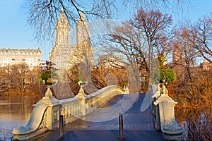 Bow Bridge in Central Park with Manhattan skyscrapers on background, New York, USA.