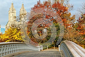 Bow Bridge and fall colors in Central Park, Manhat