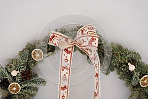 Bow on a Christmas wreath close up