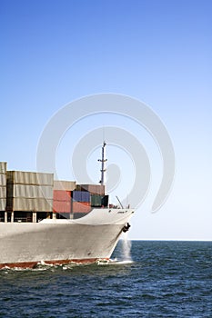 Bow of Container Ship at Sea and Copy Space