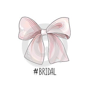 Bow drawn. Wed sign. Gentle cream pink bow ribbon isolated with