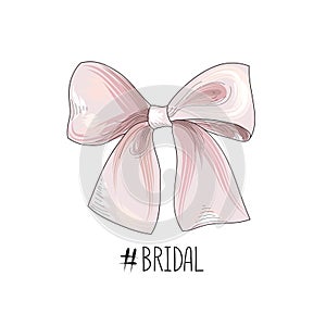 Bow drawn. Wed sign. Gentle cream pink bow ribbon isolated with photo