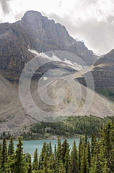 Bow lake in cloudy day in summer in Banff National Park