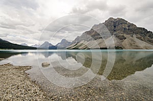 Bow lake in cloudy day in summer in Banff National Park