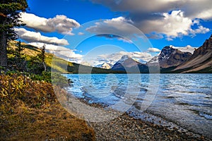 Bow Lake with waves in Banff National Park, Canada