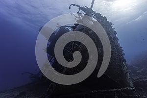 The bow of a large ship wreck underwater
