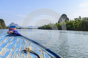 Bow of long-tail boat & view of Phang-Nga Bay, Thailand