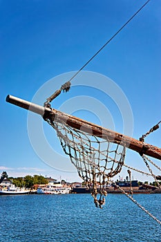 Bow netting on sailboat in the harbor