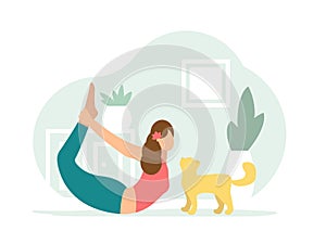 Bow pose. Woman doing Yoga with cat