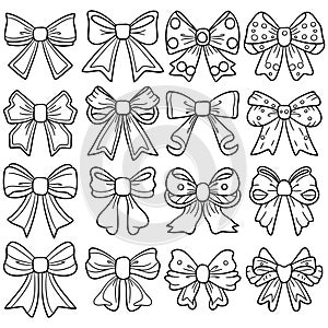 Bow or ribbon doodle vector set on white background
