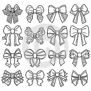 Bow or ribbon doodle vector set on white background