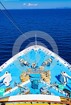 Bow with rigging of cruise ship navigating in Saronic Gulf Greece