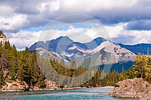 The Bow river in Banff National Park in Alberta, Canada on a sunny fall day