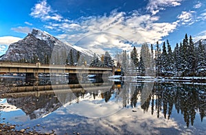 Bow River Bridge and Mountain Rundle Banff Alberta Canada