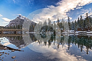 Bow River Bridge and Mountain Rundle Banff Alberta Canada