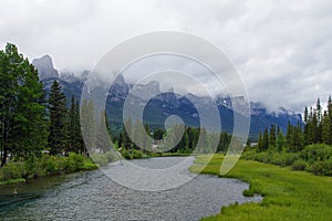 Bow river in park in Canmore, Alberta, Canada.