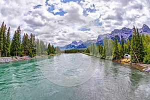 Bow River in the Town of Canmore on the Banff Range of the Canadian Rockies