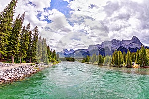 Bow River in the Town of Canmore on the Banff Range of the Canadian Rockies