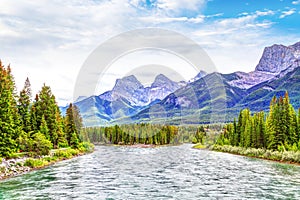 Bow River in the Town of Canmore on the Banff Range of the Canadian Rockies