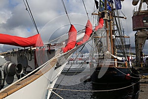Bow of russian two-masted schooner Krasotka and Danish three-masted schooner Loa