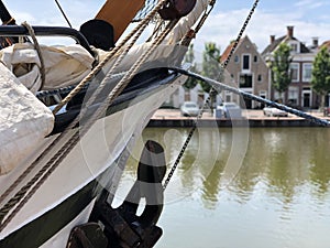 Bow of a sailboat in the Zuiderhaven in Harlingen