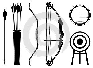 Bow set icon vector illustration. Bow, arrow, sight, quiver, target,