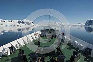 Bow ship in Paraiso Bay landscape,