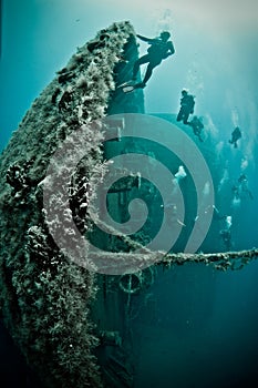 Bow of ship wreck with divers