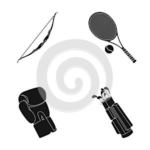 Bow for shooting at the target, racket with a ball for playing in a tennis court, a glove for boxing, a cover, a drawer