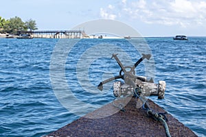 Bow side of Traditional Zanzibar Dhow boat with anchor and Rope