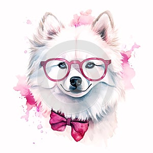 Bow-Tiful Samoyed: A Cute and Charming Puppy in Watercolor Stock Photo that Will Melt Your Heart! AI Generated