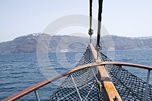 Bow on wooden ship in the sea, Santorini