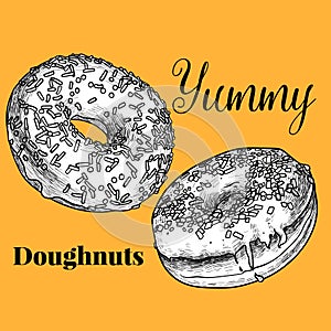 Black and white flying doughnuts on orange background