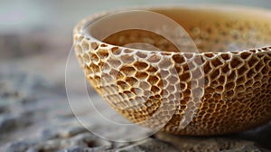 A bowl is adorned with tiny indented dots created by pressing a comblike tool into the clay to mimic a honeycomb texture