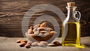 A bowl of almonds and a bottle of oil
