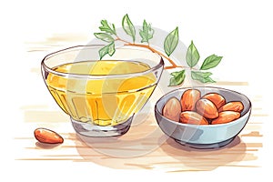 bowl of almonds next to a glass of fresh-squeezed orange juice