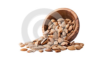 Almond nuts with shell in a wood bowl Isolated on white
