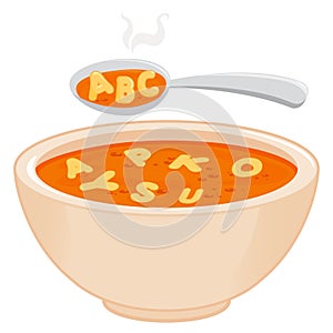 Bowl of alphabet pasta soup and spoon. Vector illustration.