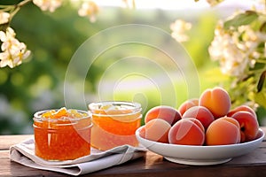 A bowl of apricot jam and ripe apricots on wooden table. Blurred apricot garden in the background.