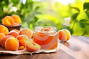 A bowl of apricot jam and ripe apricots on wooden table. Blurred apricot garden in the background.