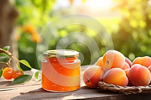 A bowl of apricot jam and ripe apricots on wooden table. Blurred apricot garden in the background.