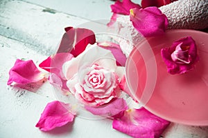 Bowl of aroma spa water with rose petals on towel, closeup