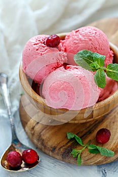 Bowl with artisanal cranberry ice cream.