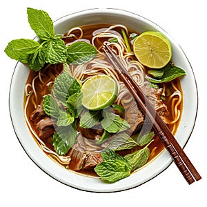 Bowl of asian noodle soup with beef, lime and mint isolated on transparent background.